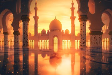 Grand Mosque Sunset Golden Hues Reflecting Beauty