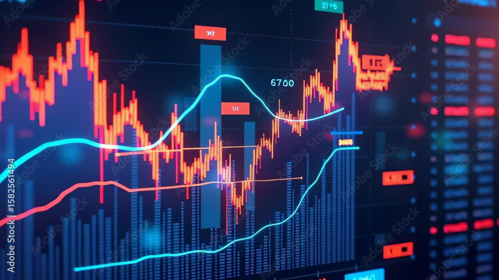 Poster dynamic financial chart with candlestick patterns, trend lines, and colorful graphs for market analy