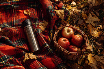 Scene of cozy plaid blanket on forest floor with thermos, apples, and rustic basket, golden leaves around