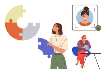 Two women working with puzzle pieces and a profile photo concept. Ideal for teamwork, recruitment, hiring process, cooperation, problem-solving, identity, HR strategies. Simple flat metaphor