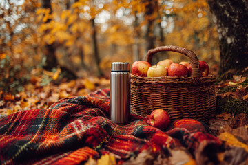 Scene of cozy plaid blanket on forest floor with thermos, apples, and rustic basket, golden leaves around