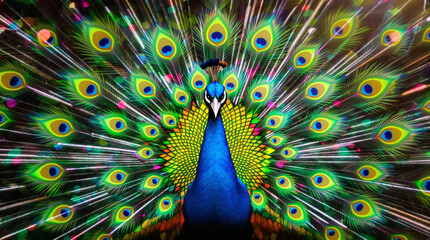 A vibrant peacock with a colorful, artistic display of feathers.