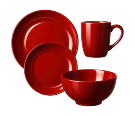 A high-gloss, bright red dinnerware set, adding a bold pop of color to a contemporary city studio.