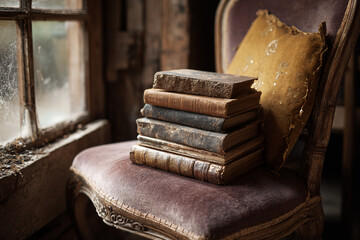 Side shot of a few weathered books stacked on antique velvet chair near an old wooden-framed window