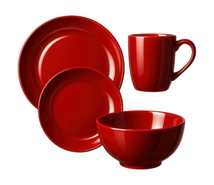 A high-gloss, bright red dinnerware set, adding a bold pop of color to a contemporary city studio.