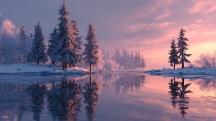 Frozen lake with reflection of decorated pine trees and sunset, crisp winter landscape, cinematic