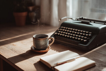 Side shot of minimalist desk with old typewriter, steaming mug of coffee and closed notebook, natural light from window