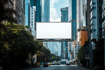 Blank Billboard Between City Buildings Street Scene