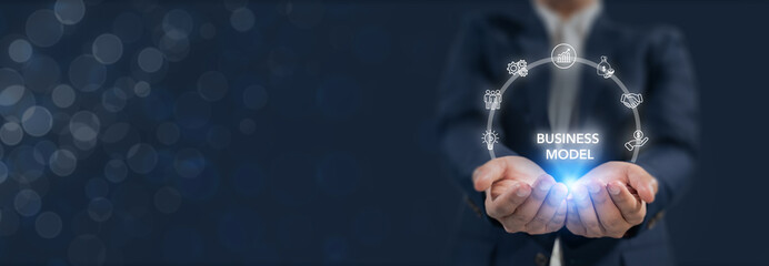 Business Model Concept. Business model with interconnected icons, innovation, resource,  customer,...