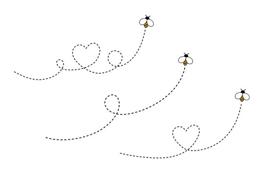 Bee flying doted heart path, line way. Bumblebee with cute wings. Vector bug