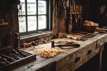 Side view of old craftsman’s workbench with leather tools, clamps, and wood shavings, natural daylight from window