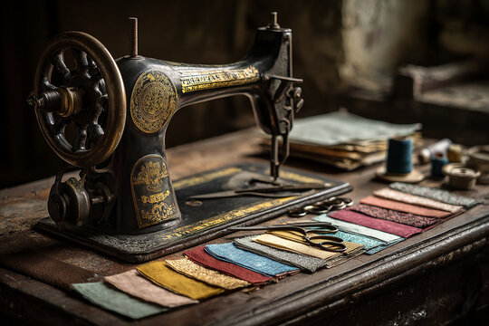 Side-lit scene of antique sewing machine with colorful fabric swatches, open scissors and spools, set on aged table