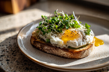 Side-view of ceramic plate with poached egg, toasted sourdough, and microgreens on a stone kitchen counter