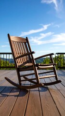 Wooden rocking chair on a deck, blue sky