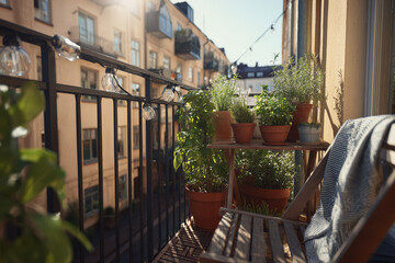 Tight view of a narrow city balcony with herb pots, folded blanket on chair, and string lights above, early morning