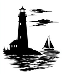 Silhouette of lighthouse, sailboat, and waves on a rocky shore