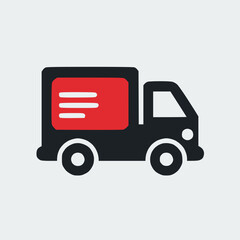 Simple delivery truck icon in solid red and black color, white background