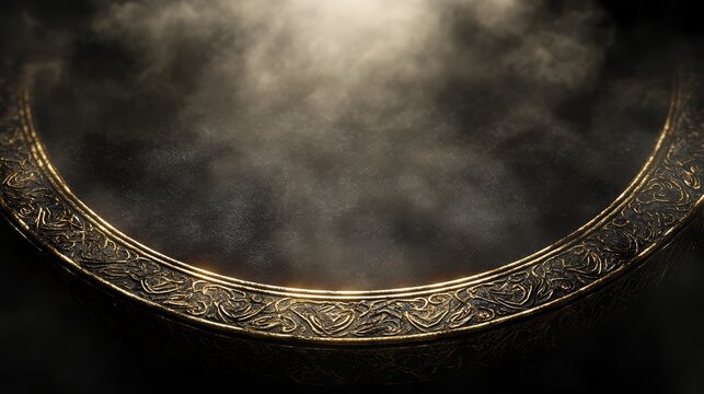 Celestial golden halo floating in pure darkness, elaborate metalwork border with damascus-style pattern, intense volumetric light spreading outward like sun rays, premium metal shader with varying