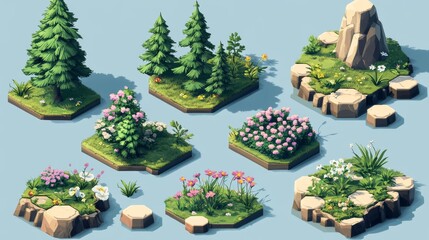 Cheerful game asset collection showing diverse biome tiles, hexagonal grass platforms with short pixel-style turf, cartoon pine trees of different scales with cel-shaded foliage, mossy rock