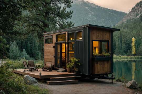 Wide shot of compact tiny house on trailer, parked by quiet lake with extended deck and chairs, nature all around