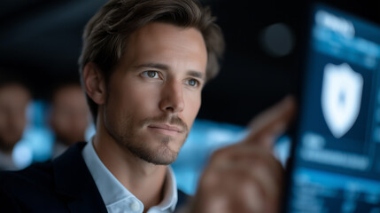 Modern IT Security Scene with Businessman Securing Digital Data Using Holographic Display in Blue-Toned Tech Space, cybersecurity, data protection, holographic interface, digital encryption, business 