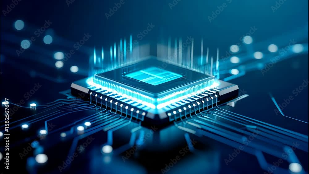 Aufkleber computer microchip with glowing circuitry on blue background