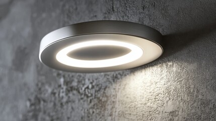 Close-up detail of sleek recessed LED downlight featuring matte silver circular trim against textured gray ceiling surface, warm diffused illumination creating gentle gradient glow, flush-mount