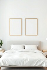 Minimalist bedroom with white bedding and two empty picture frames