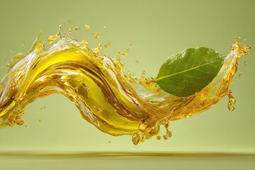 Fototapeta premium Amber liquid swirls elegantly, a single green leaf nestled within the dynamic splash against a muted green backdrop
