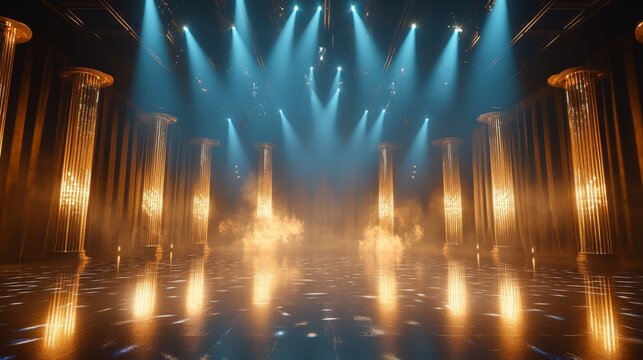 Grandiose empty stage space filled with majestic golden sunburst beams, towering cobalt blue spotlight pillars reaching skyward, mirror-finish floor reflecting countless sparkles of light, premium