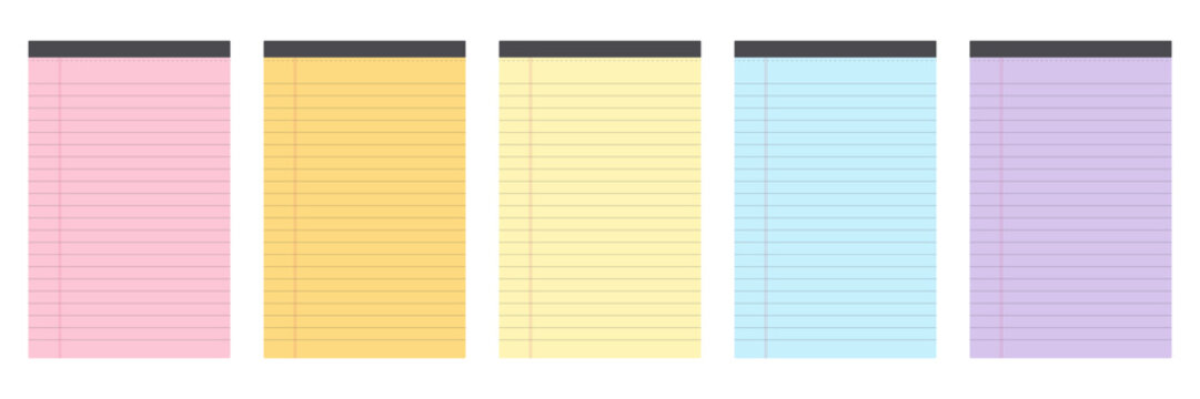 Colorful College Narrow Ruled Legal Pads. Lined paper with margin. Blank stationary for notes and writing. Isolated sheet for education document. Vector