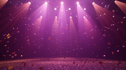 majestic award ceremony lighting setup, concentrated spotlight beams intersecting dramatically, deep violet to rose pink atmospheric gradient, scattered metallic gold confetti floating downward,