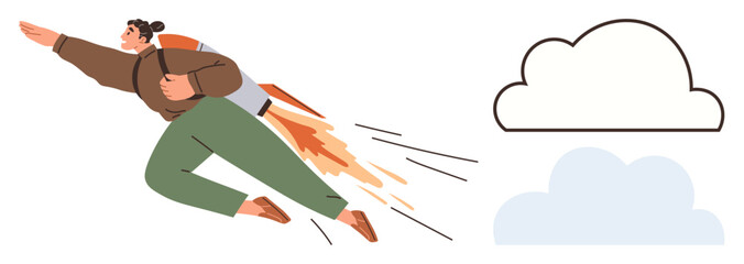 Individual with rocket backpack soaring upward, trail of flames and smoke, surrounded by clouds. Ideal for success, ambition, startup growth, innovation, progress, goals achievement simple flat
