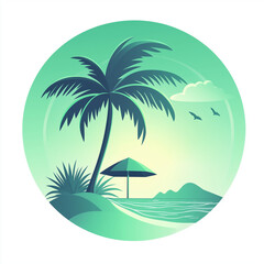 Obraz premium Serene tropical beach scene with palm tree umbrella and calm ocean waves