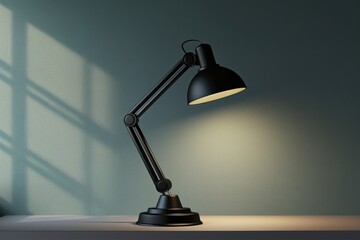 A sleek black desk lamp casts warm light on a minimalistic tabletop in a softly illuminated room