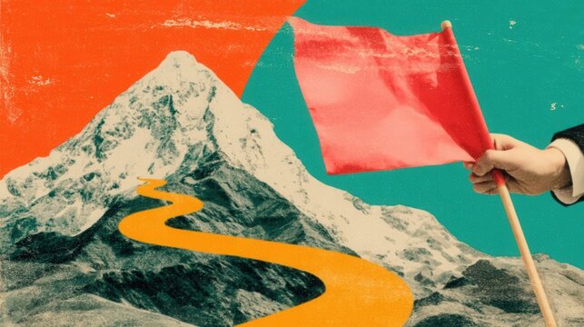 Mountain path and red flag motivational illustration