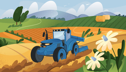 Vector scene of autumn harvesting with tractor and plow. Clipart for crop collection and rural farmland landscape. Outdoor harvesting with hay bales and seasonal nature. Farming vehicle. Agriculture.