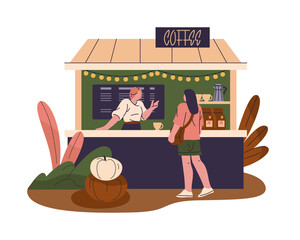 Coffee shop stall with barista and takeaway drink. Vector cafe counter or bistro stand, street kiosk in autumn or fall theme. Espresso and latte, americano retail. Urban cup beverage, caffeine brew.
