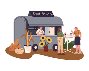Autumn themed food truck, snack bar. Vector seasonal grocery retail shop on wheels. Cartoon counter with farm and garden harvest product for nutrition. Stand, display with fall organic, natural meal.