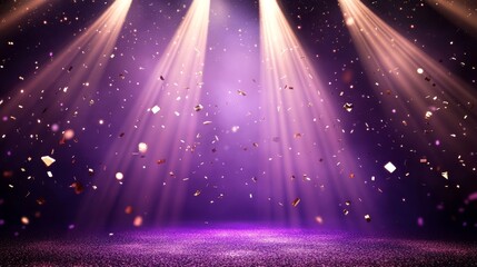 premium award ceremony stage lighting, intersecting bright spotlight rays, deep purple atmospheric fade to soft pink, descending metallic gold confetti pieces, floating illuminated dust creating