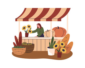 Vector autumn market stall or vegetable counter. Seasonal harvest display with pumpkin and cabbage, sunflower. Organic or natural food retail. Fall grocery, nutrition assortment. Farming, agriculture.