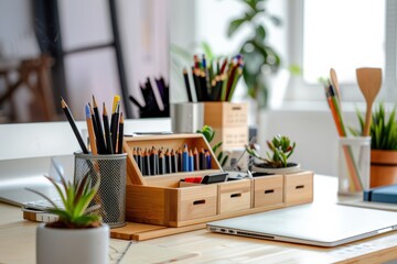 Neatly organized workspace with plants and stationery during daylight