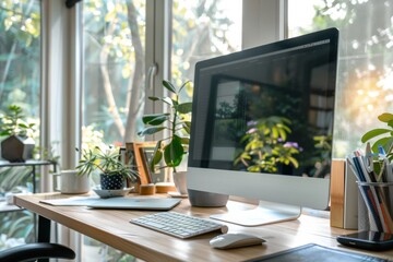 Modern home office setup with greenery, natural light, and a desktop computer during the day