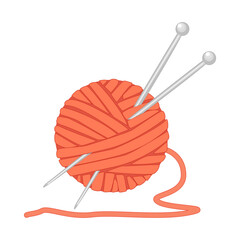 Ball of yarn and knitting needles isolated on white background. Skein of yarn with needles. Tools for knitwork, handicraft, crocheting, hand-knitting. Clews, skeins of wool. Hobby and handmade. Stock 