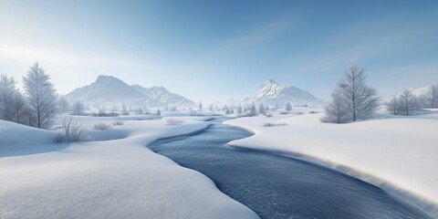 Obraz premium 3D rendering of a snowy landscape with snow covered mountains and a small river flowing through it under clear blue sky, creating a serene winter wonderland with tranquil atmosphere