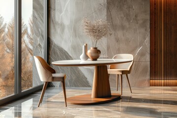 Modern dining room with round wooden table and elegant chairs overlooking a scenic view