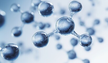 Close-up of water molecules as round balls forming diamond-shaped structures on light blue and white background representing scientific laboratory environment