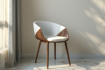 Elegant wooden chair with white cushion in a softly lit modern room