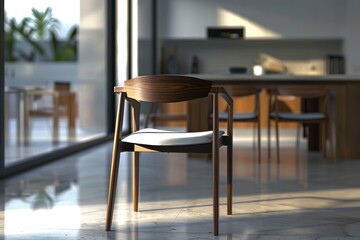 Modern wooden chair in a sunlit contemporary kitchen interior