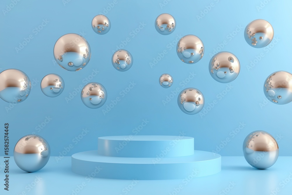 Poster abstract minimal light blue background with floating metallic spheres and round podium for elegant p